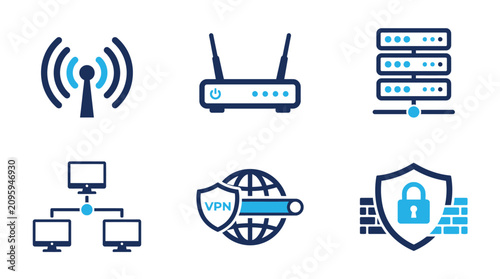 Network infrastructure icon set with VPN and firewall