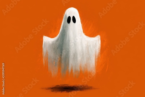 White ghost floating on orange background in a sharp focus macro shot for halloween marketing