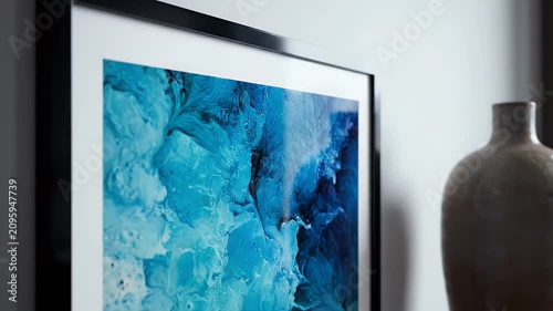 Framed abstract art with vase on wall.