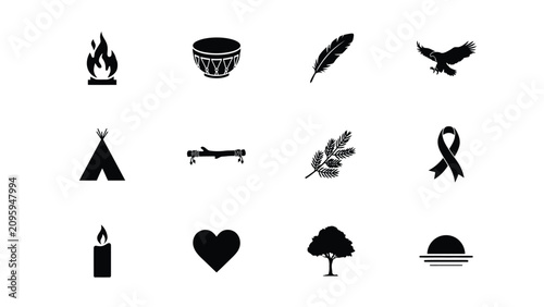 Minimalist symbolic icons set featuring cultural and emotional elements with high level collection nine minimalist icons arranged grid