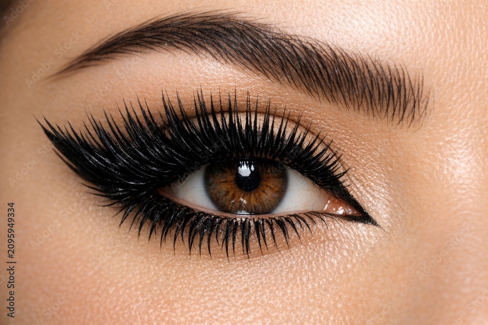 Naklejka premium Close-up of a woman's eye with long eyelashes, ideal for beauty or makeup themes