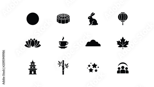 Minimalist black icon set featuring cultural symbols nature and social elements in flat design style with high contrast black icons arranged neatly grid