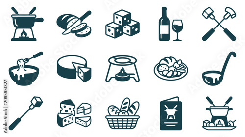Tableau sur toile Comprehensive collection of fifteen cheese fondue vector icons featuring a caquelon pot on a burner, long forks, cheese cubes, wedges, sliced bread, wine bottle, and dipping scenes