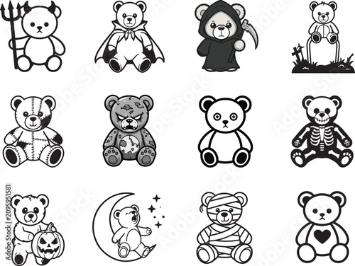 Fotografija A collection of twelve illustrated teddy bears, each adorned in various costumes and themes ranging from devilish to spooky, creating a whimsical and playful assortment