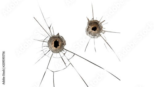 Foto Two broken glass bullet holes shards crack texture design element isolated on tr