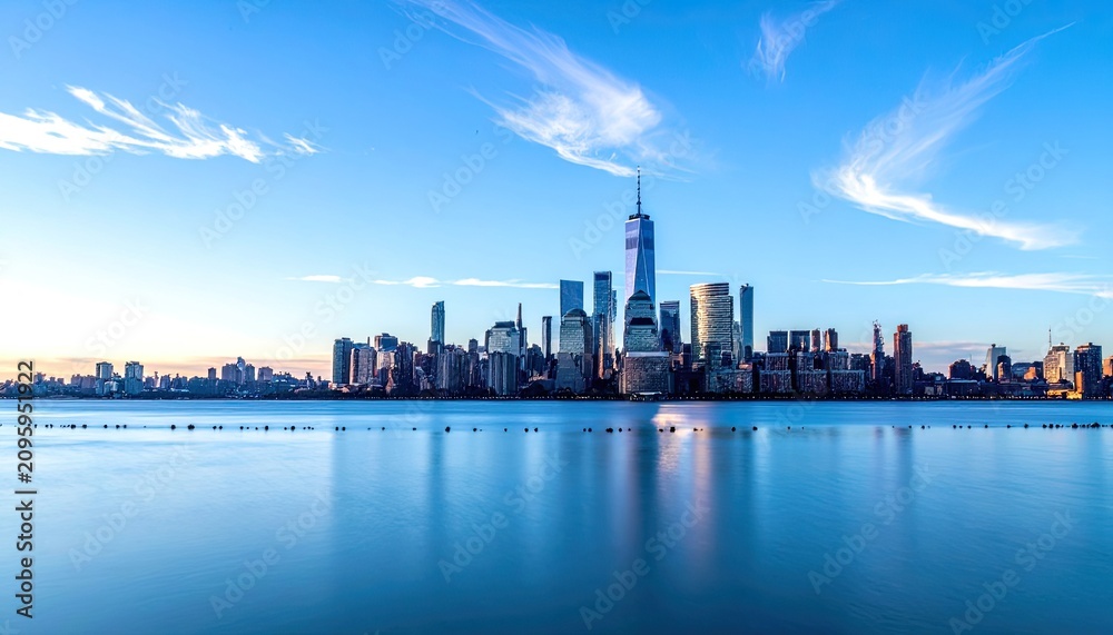 Obraz premium Iconic New York City Skyline at Sunrise Over the Water.