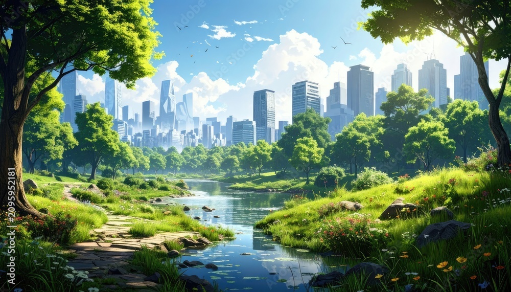 Fototapeta premium Lush Urban Oasis - Serene River Flows Through Green City Park with Skyline.