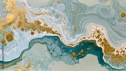 Macro texture of hand-marbled ebru paper in gold and teal