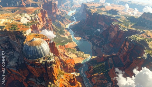 Majestic Aerial View of a Grand Canyon-like Landscape with a River and Clouds.