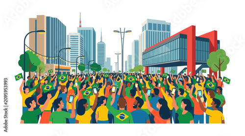 Fotografie Crowd of People Cheering with Brazilian Flags in a Cityscape.