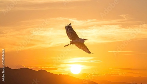 Majestic Bird Soars Against a Fiery Sunset Over Mountains.