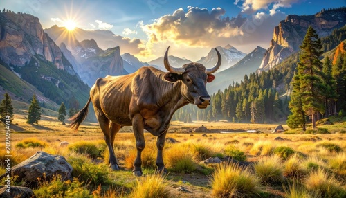 Majestic Bull Stands Proudly in a Golden Mountain Valley at Sunrise.