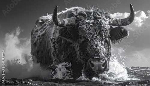 Majestic Bull Emerges From Crashing Ocean Waves.
