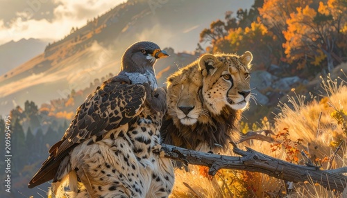 Majestic Cheetah and Falcon Perched Together in a Golden Landscape.