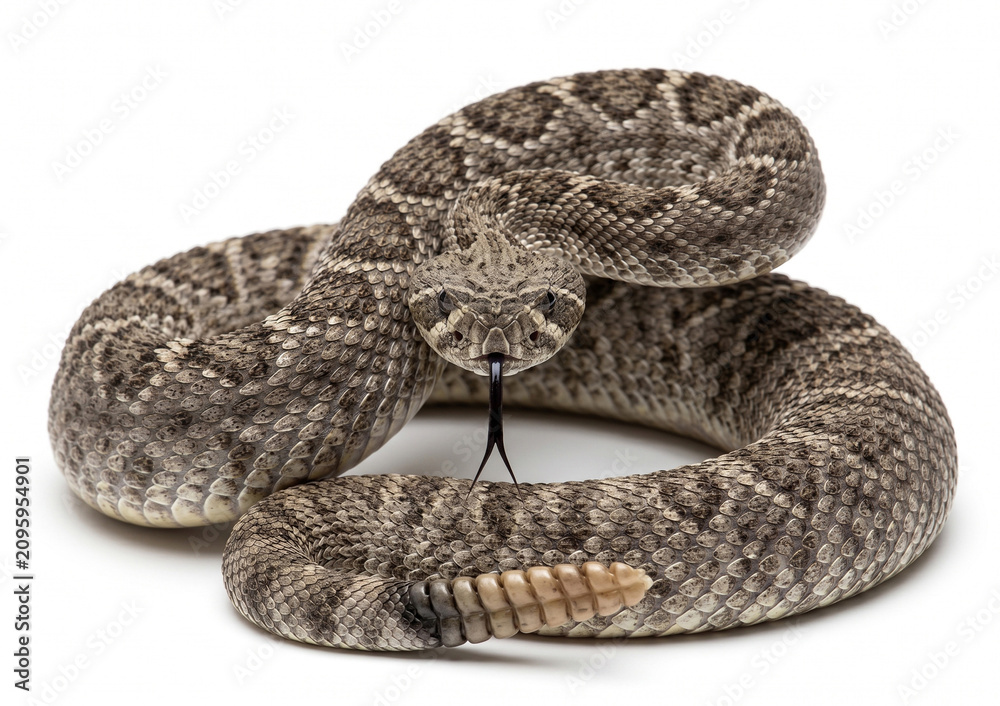 Obraz premium Coiled rattlesnake on white background side view