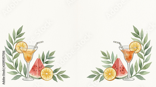 Watercolor summer cocktail composition featuring two glasses of orange drinks with straws, watermelon slices, orange wheels, and green tropical leaves in the bottom corners.