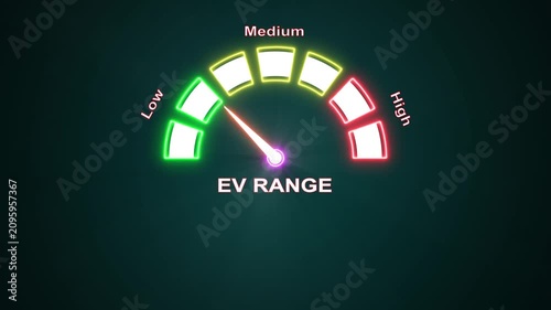 Electric vehicle battery range indicator gauge digital display animation loop.