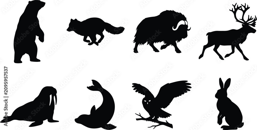 Fototapeta premium Arctic wildlife silhouette icon set featuring northern animals in distinct vector shapes