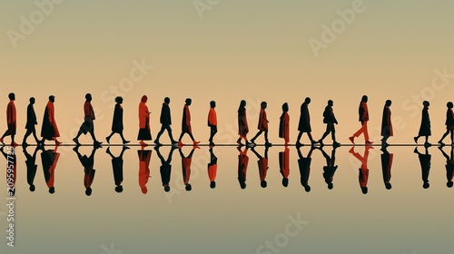 Silhouettes of individuals walking on a reflective surface, creating a mirror effect against a gradient sunset sky.