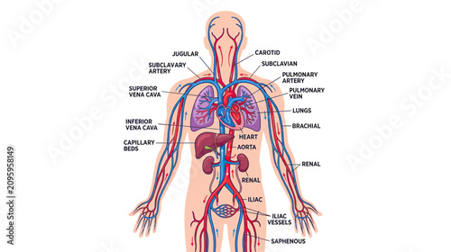 Cuadro en lienzo Human Circulatory System Diagram, Anatomy of Blood Vessels and Organs
