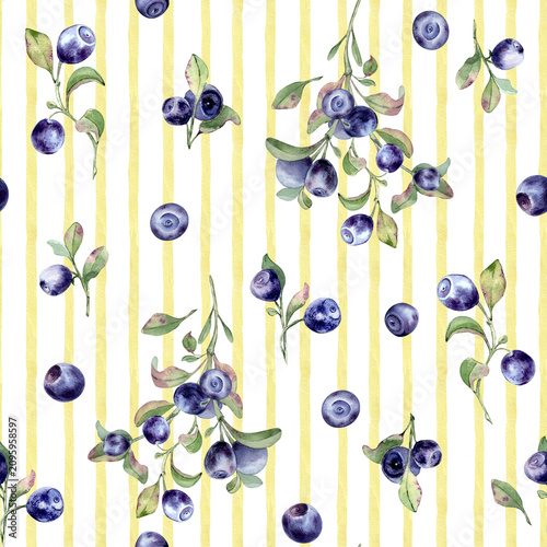 Bilberry small shrubs watercolor seamless pattern on a soft yellow striped background. Ripe European blueberries and leaves hand painted. Botanical rustic repeat for home textile, kitchen linens.