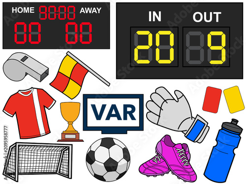 Obraz na plátně Football match day vector set with scoreboard, referee tools, ball, goal, VAR, j