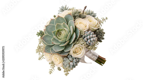 Foto Elegant wedding bridal bouquet with white roses and succulent green foliage isol