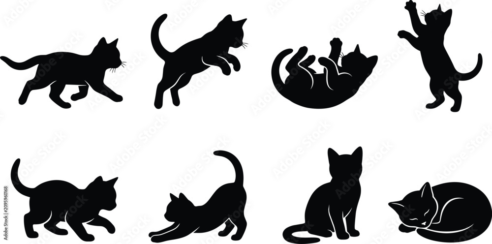 Fototapeta premium Black Silhouette Collection of Cats in Playful and Relaxed Poses on White Background