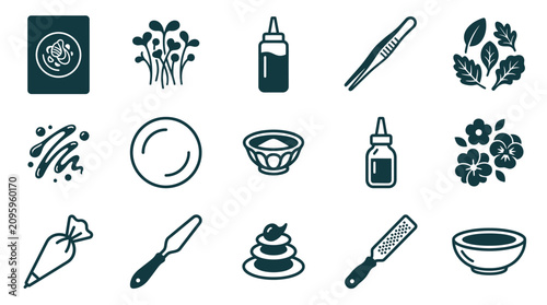 Foto Set of 15 black silhouette icons for gourmet culinary plating and food styling featuring microgreens, squeeze bottles, kitchen tweezers, edible flowers, piping bags, and garnish tools