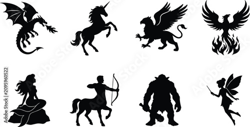 Obraz na plátne Black Silhouette Mythical Creatures Icons Featuring Dragon, Unicorn, Phoenix, Me
