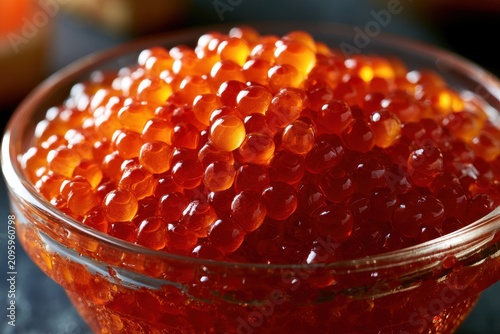 Red salmon caviar glistening in a glass bowl with sharp macro focus and warm lighting for gourmet culinary advertising