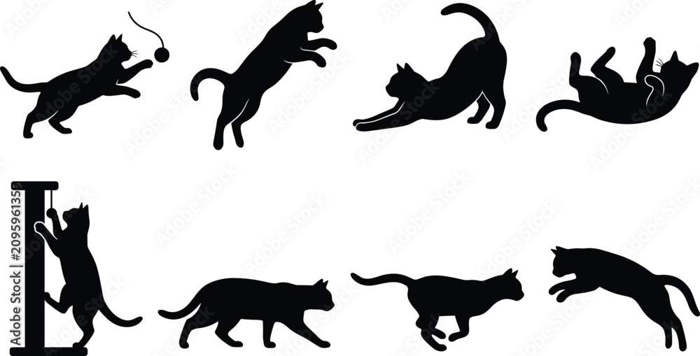 Obraz premium Cat movement silhouette icon set featuring playful, active, and natural feline poses