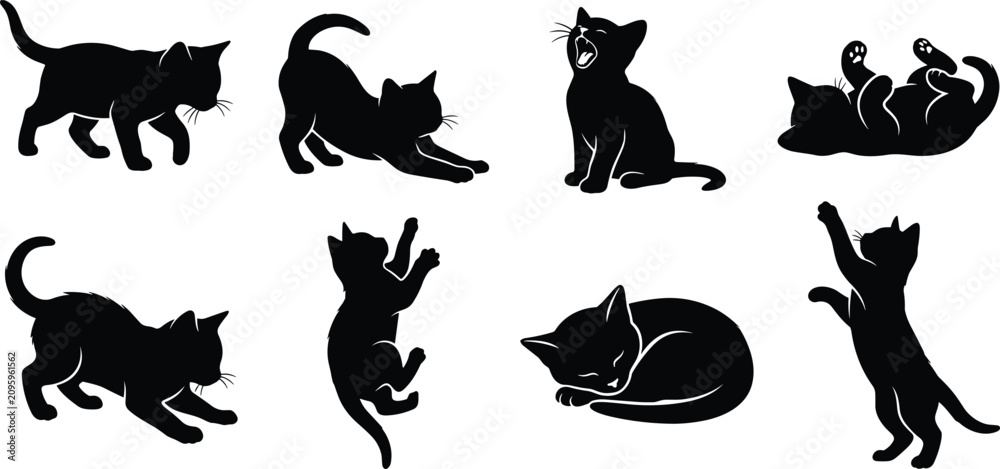 Fototapeta premium Cat Silhouette Icons Depicting Playful and Relaxed Poses