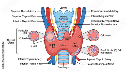 Schilderij op canvas Anatomical illustration of the human thyroid gland and its structures