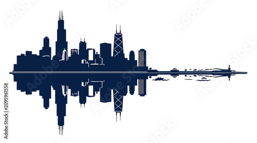 Chicago Skyline Silhouette Reflection, Modern Cityscape Art, Urban Landscape