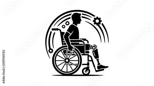 Bild auf Leinwand Man with prosthetic leg and wheelchair, innovation, technology, disability icon