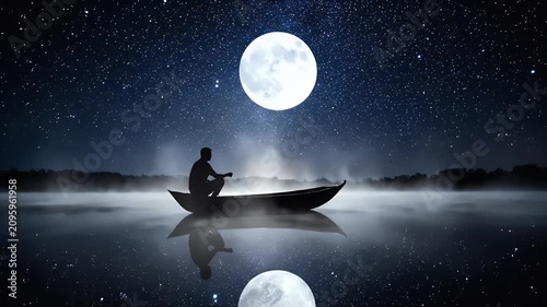 Man in a boat on a lake under a full moon.