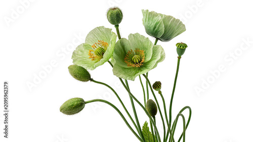 Bilde på lerret Fresh green poppy pods on stems organic floral botany plant isolated on transpar