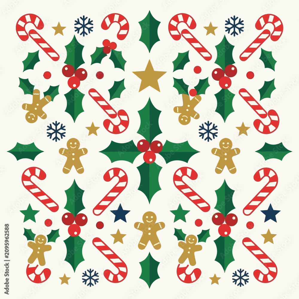Fototapeta premium Festive seamless pattern with traditional Christmas candy canes, holly and gingerbread men