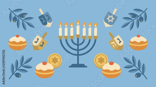 Bild auf Leinwand Flat vector illustration of traditional Hanukkah symbols on a blue background
