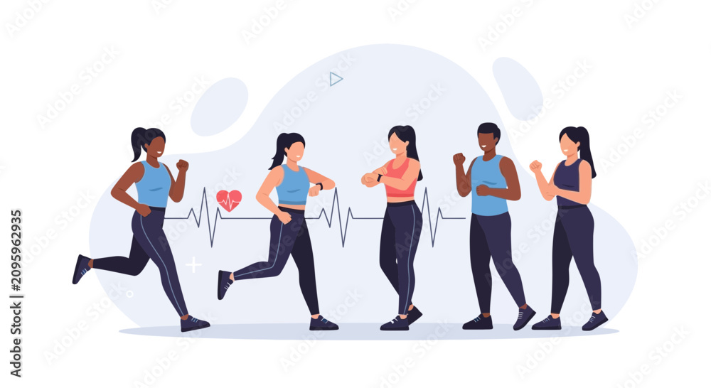 Fototapeta premium Diverse Group Running and Tracking Fitness with Smartwatches and Heart Rate Monitor