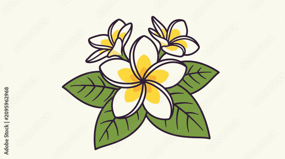Fototapeta premium Hand drawn illustration of white and yellow plumeria flowers with green leaves
