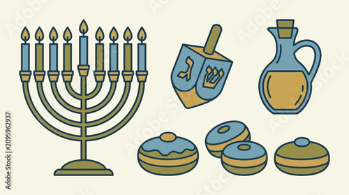 Cuadro en lienzo Traditional Hanukkah menorah with dreidel and oil jug
