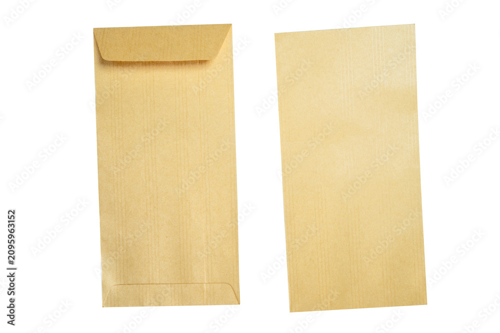 Fototapeta premium Front and back view of two blank brown kraft paper envelopes isolated on a solid black background, ideal for stationery mockups and correspondence designs