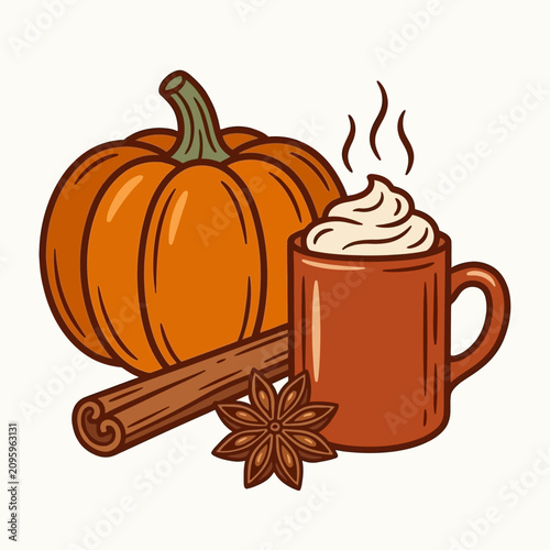 Vector illustration of a pumpkin spice latte with cinnamon and star anise