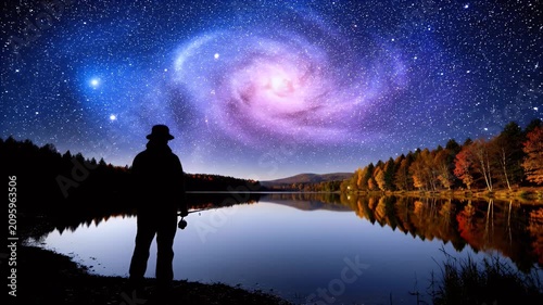 Man looking at galaxy and stars over lake.