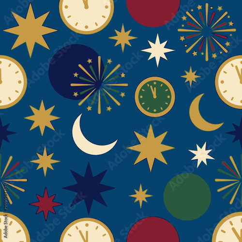 Photography Stylized New Year Eve pattern featuring clocks, stars and colorful fireworks