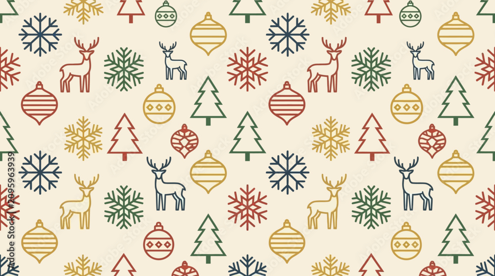 Naklejka premium Seamless Christmas pattern featuring reindeer, snowflakes and ornaments