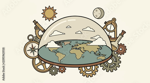 Tableau sur toile Flat earth map under a glass dome surrounded by vintage scientific instruments