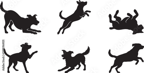 Dog Silhouettes in Playful Running and Jumping Poses on White Background